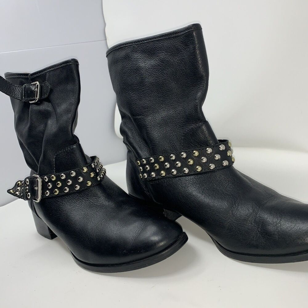 Carmim Women's Biker Moto Boots Black Leather Studded Buckle Strap Ankle Boots - Picture 2 of 14